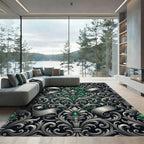 Elegant Silver Damask Scroll Emerald Accents Rug