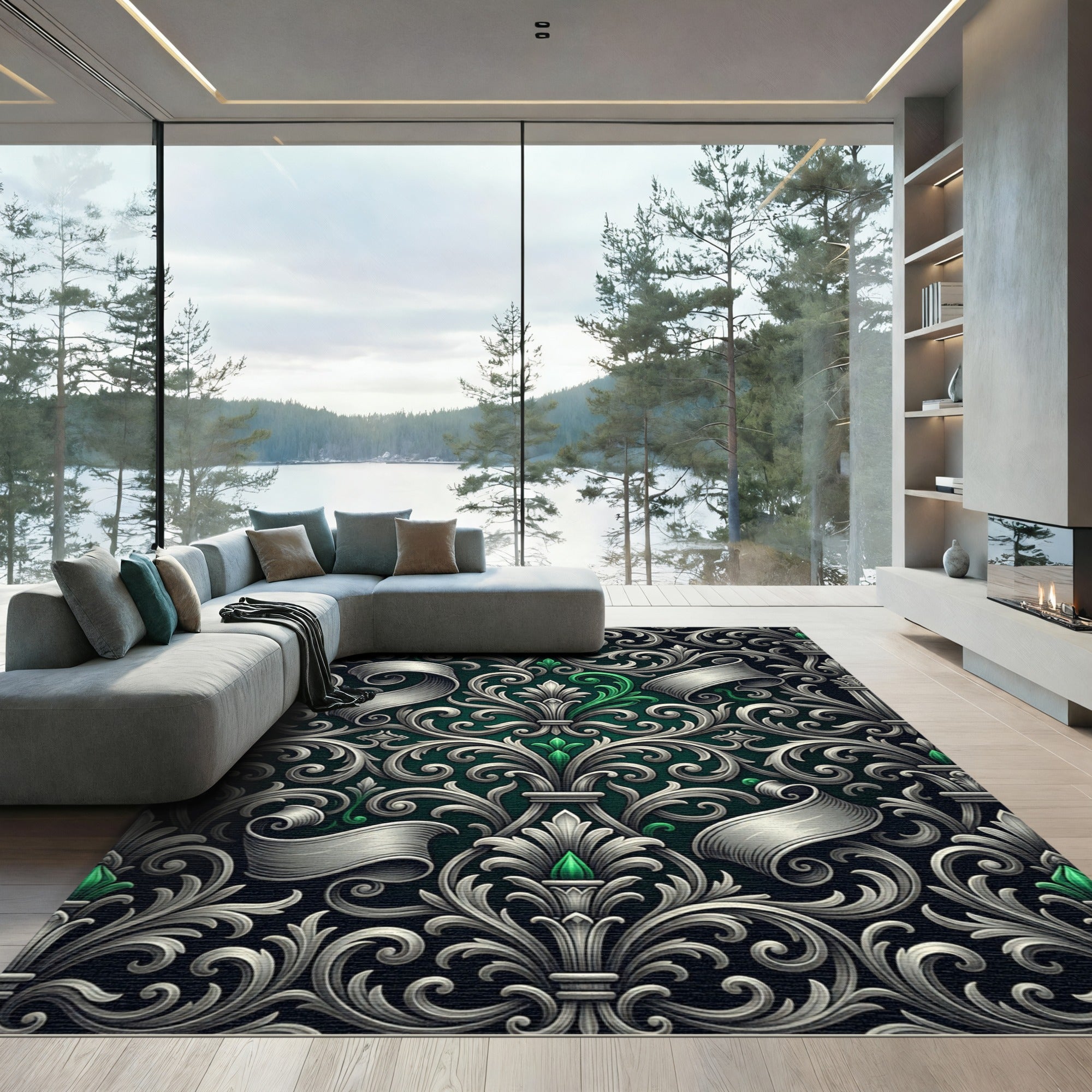 Elegant Silver Damask Scroll Emerald Accents Rug