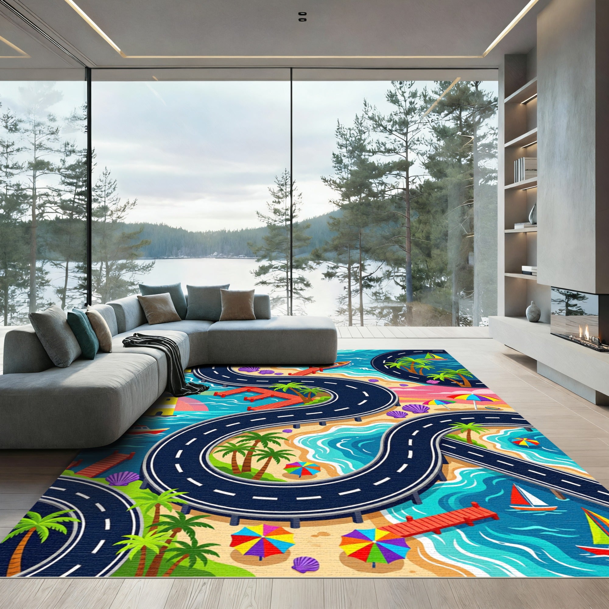 Vibrant Tropical Coastal Lighthouse Roadway Rug