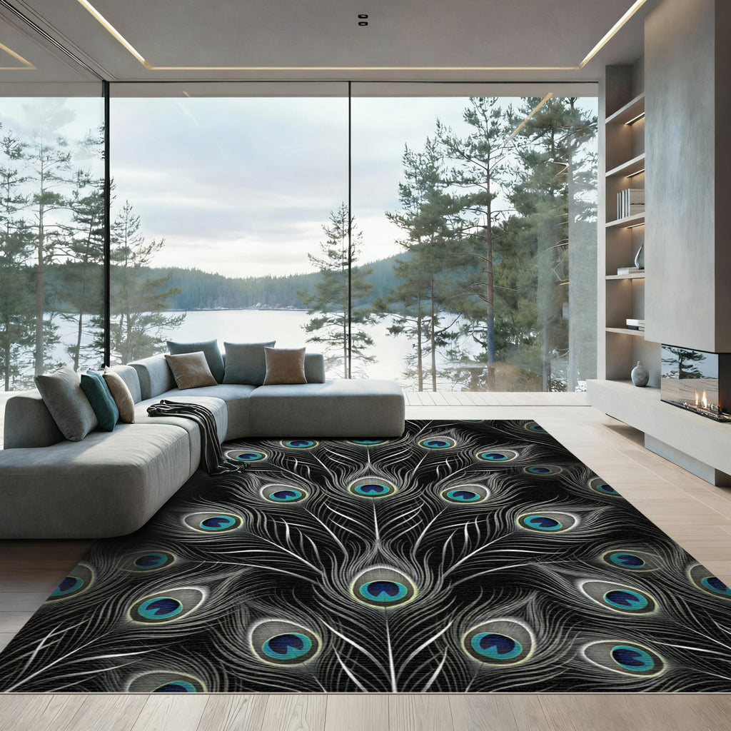 Black Peacock Feather Eye Pattern Rug