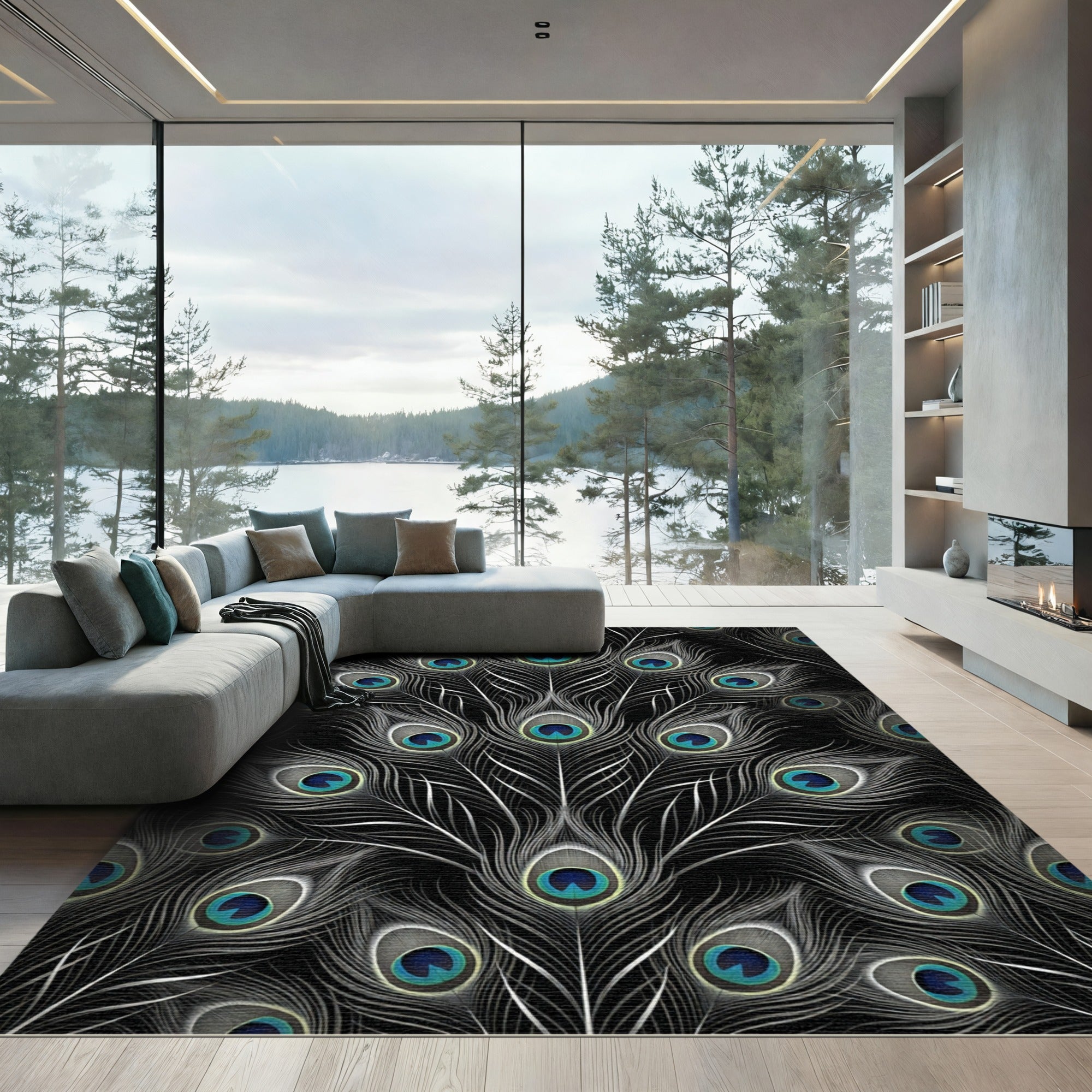 Black Peacock Feather Eye Pattern Rug