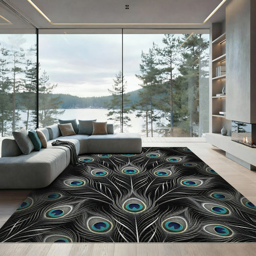 Black Peacock Feather Eye Pattern Rug