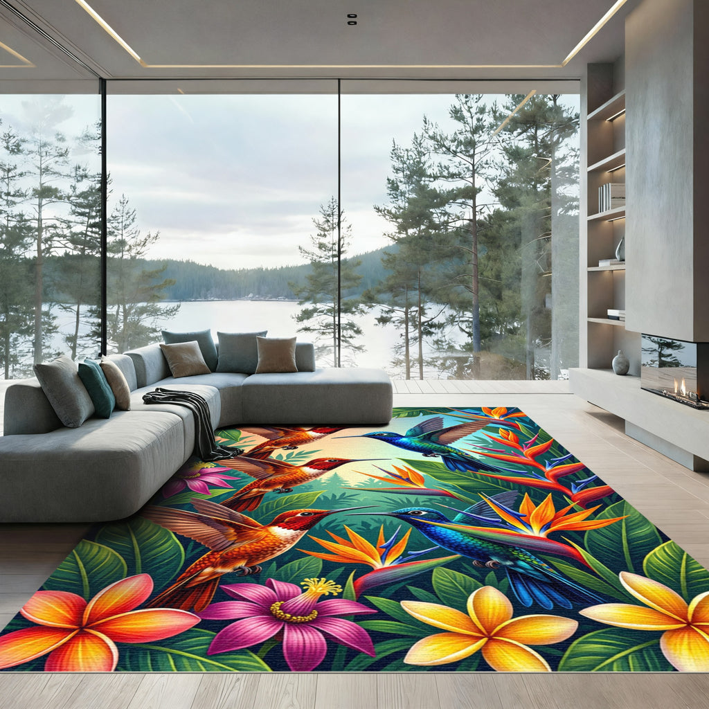 Vibrant Tropical Hummingbird Jungle Floral Rug