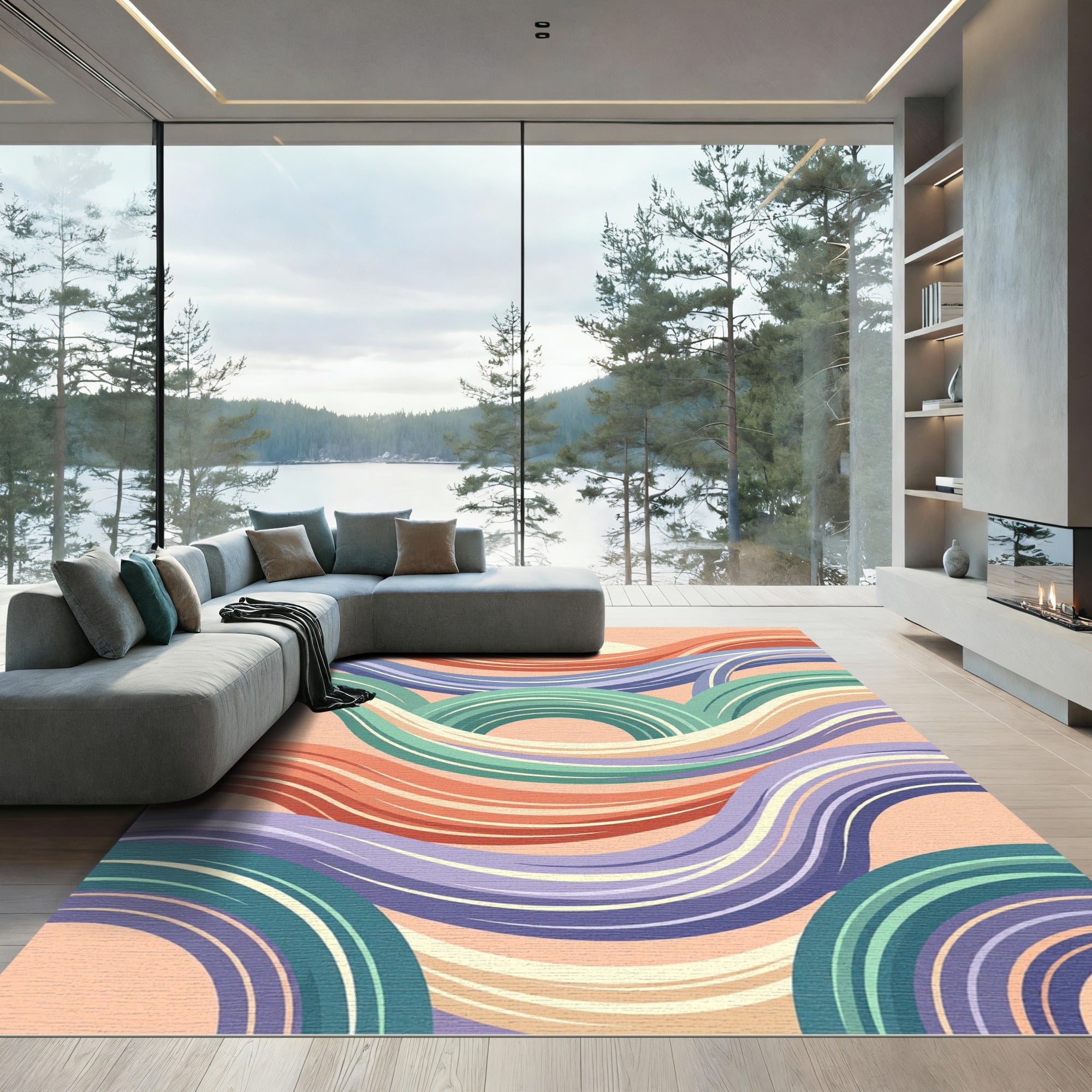 Retro Pastel Wavy Rainbow Layered Arcs Rug