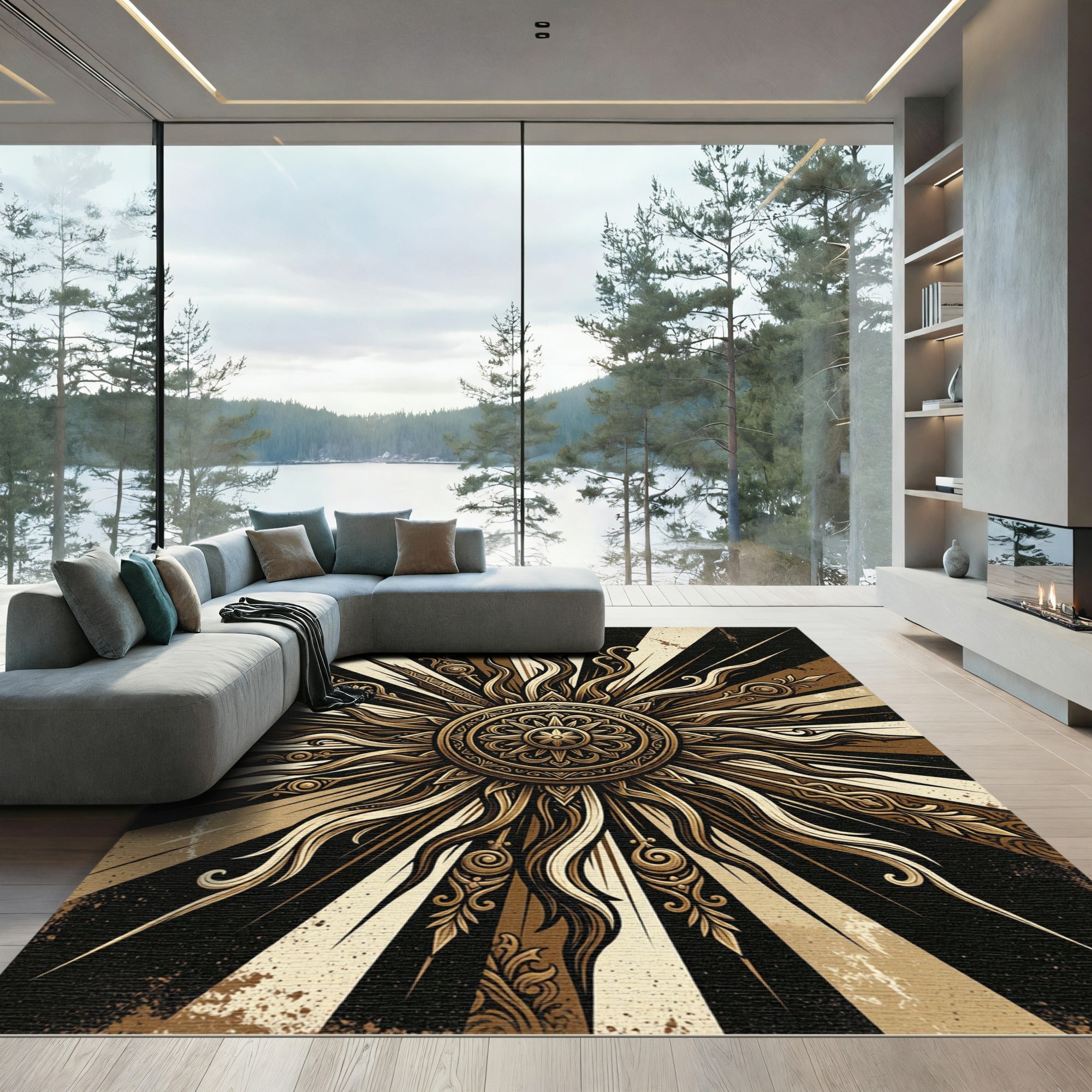 Radiant Gold Sunburst Abstract Medallion Rug