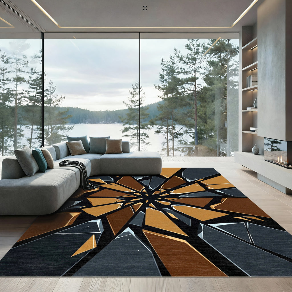 Geometric Shattered Glass Golden Obsidian Rug