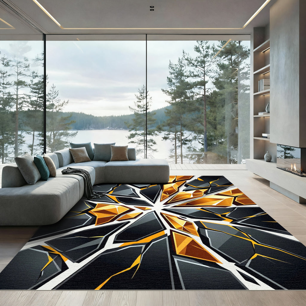 Modern Black Golden Shattered Glass Rug