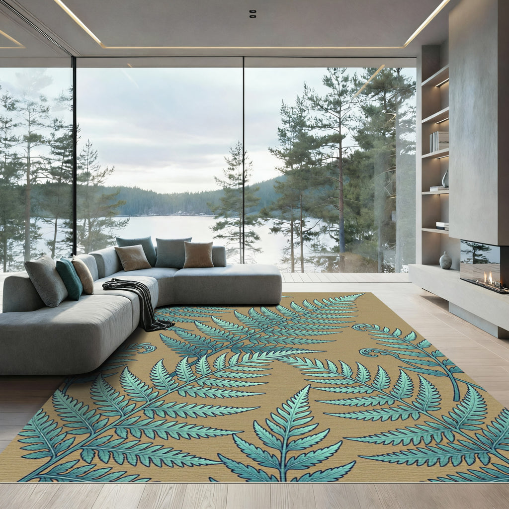 Lush Teal Fern Botanical Illustration Rug