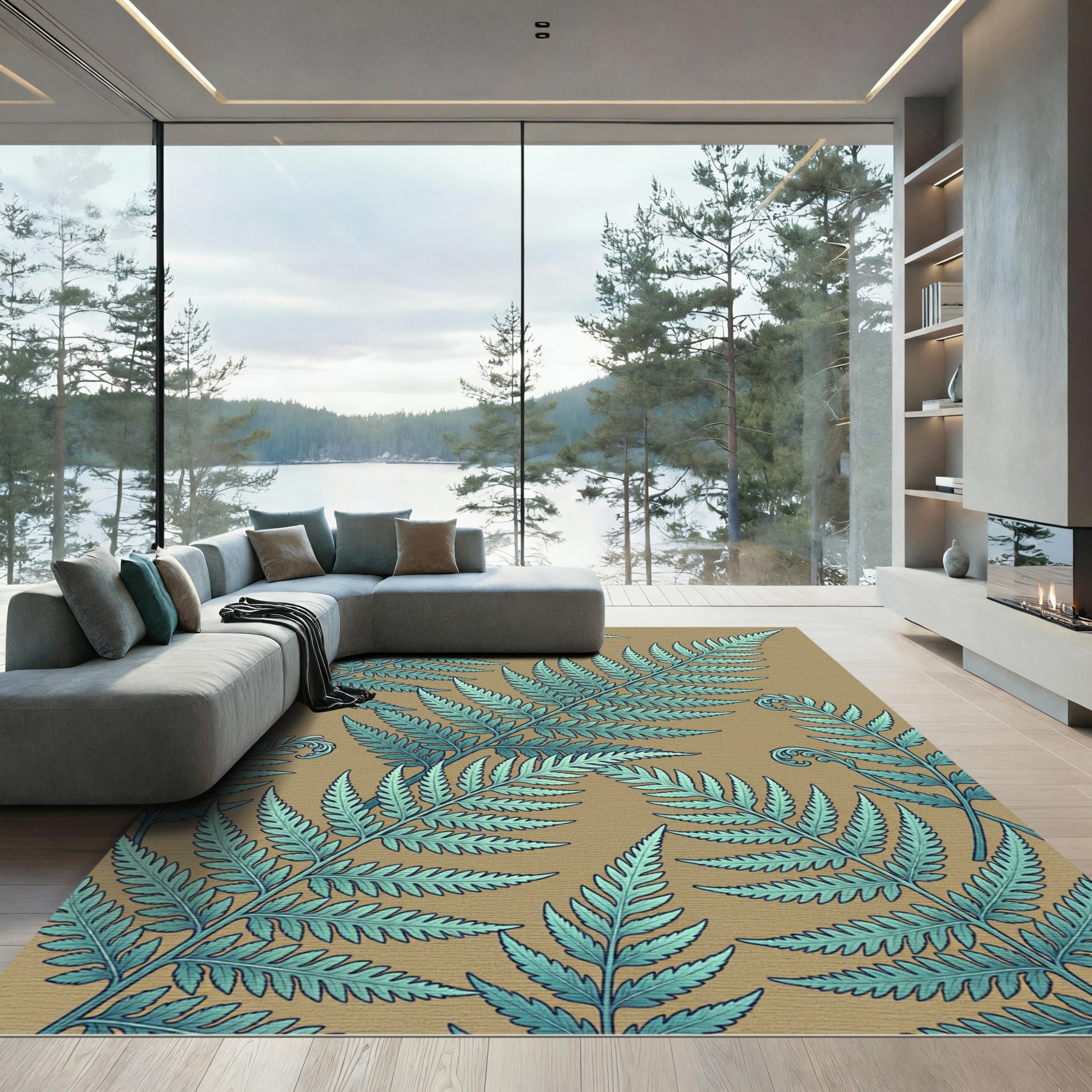Lush Teal Fern Botanical Illustration Rug