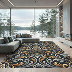 Ornate Gold Silver Floral Damask Rug