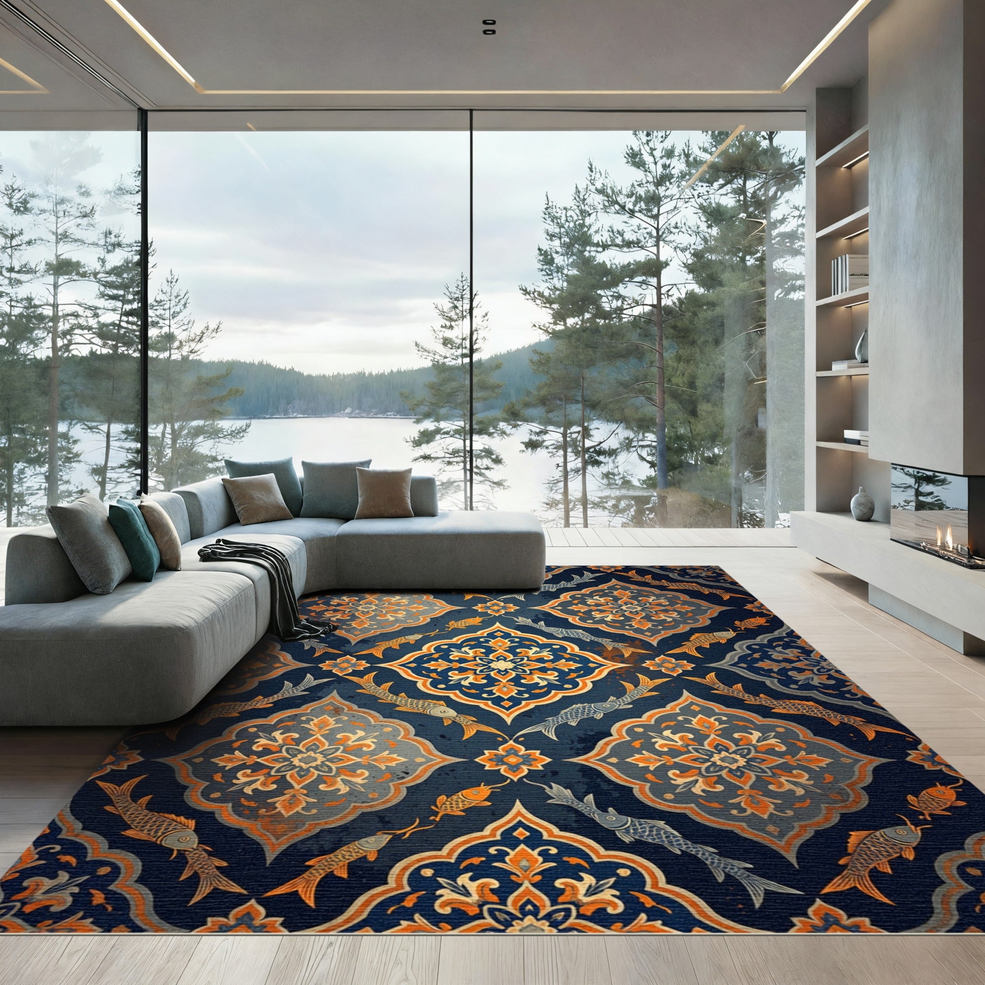 Golden Koi And Navy Floral Damask Rug