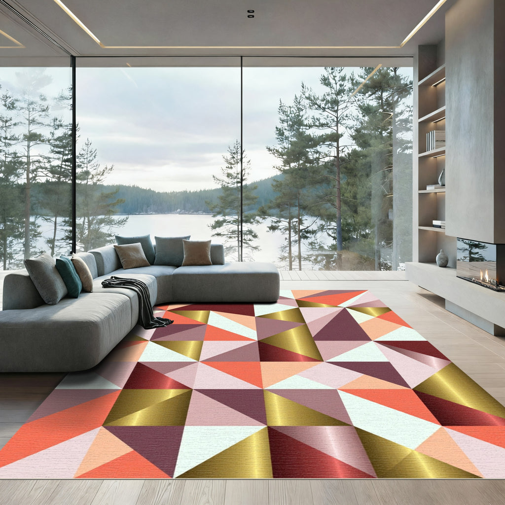 Geometric Golden Coral and Burgundy Triangle Rug
