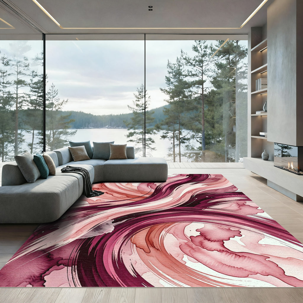 Blush and Burgundy Abstract Flowing Swirls Rug