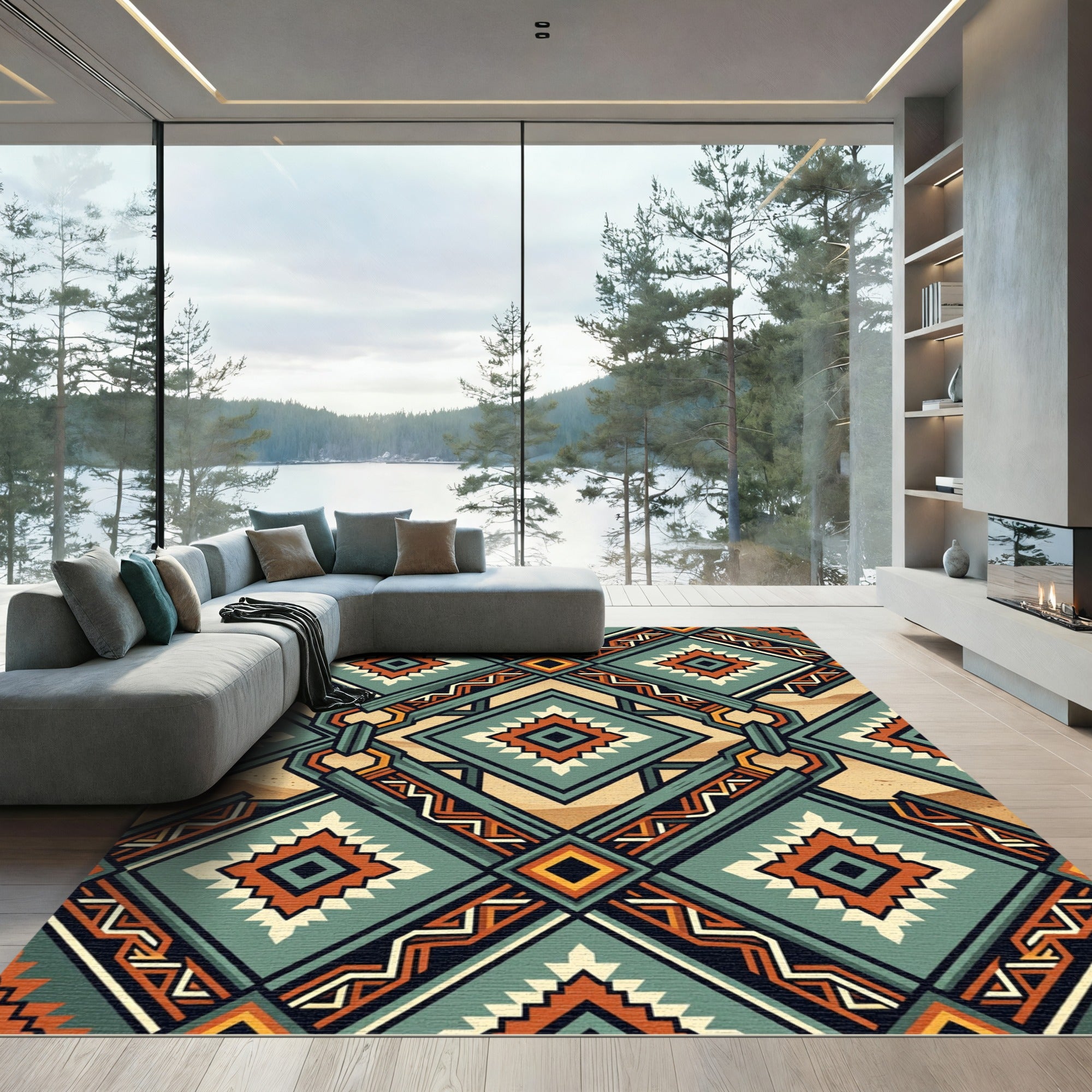 Sage and Terracotta Geometric Diamond Rug