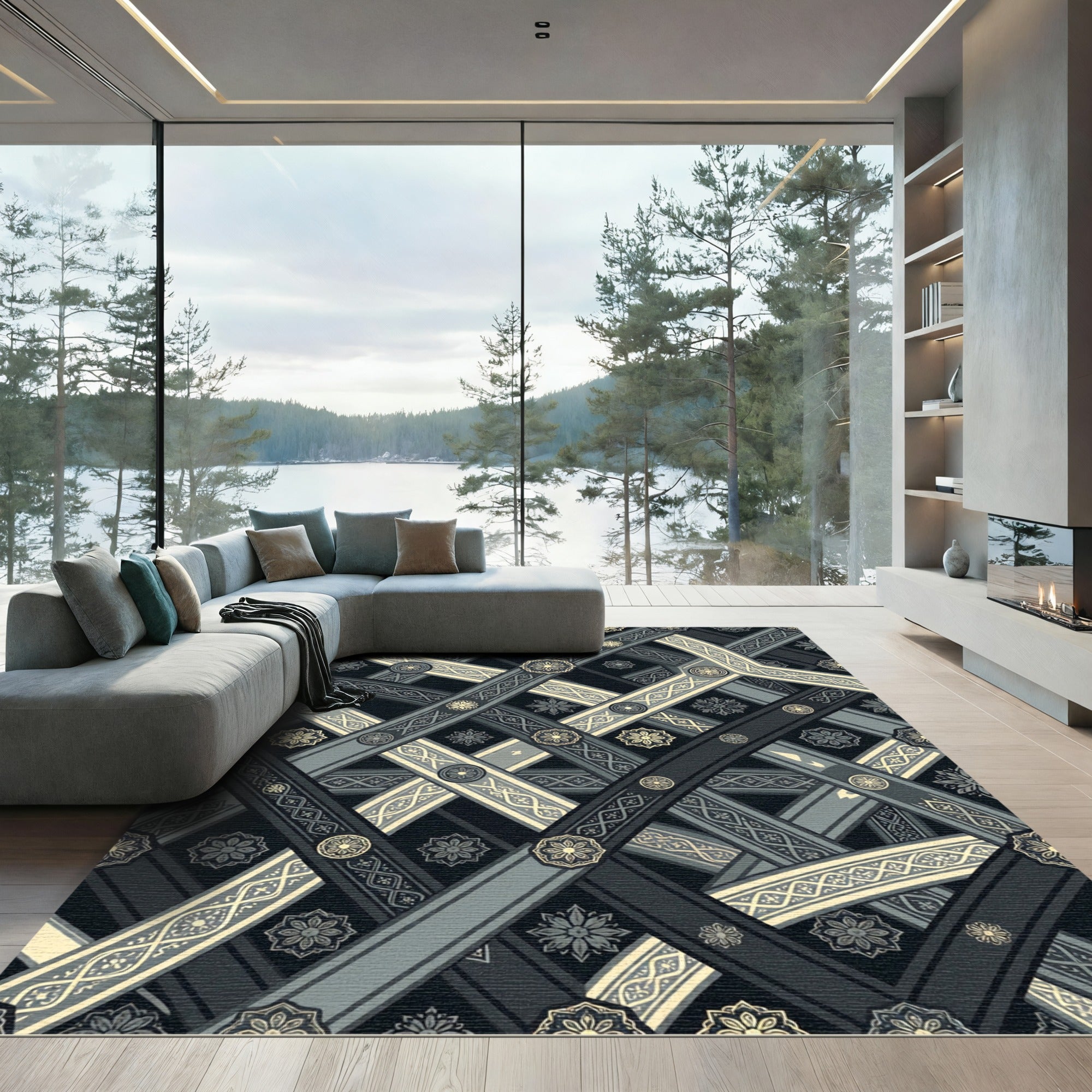 Dark Gray Interwoven Floral Medallion Rug