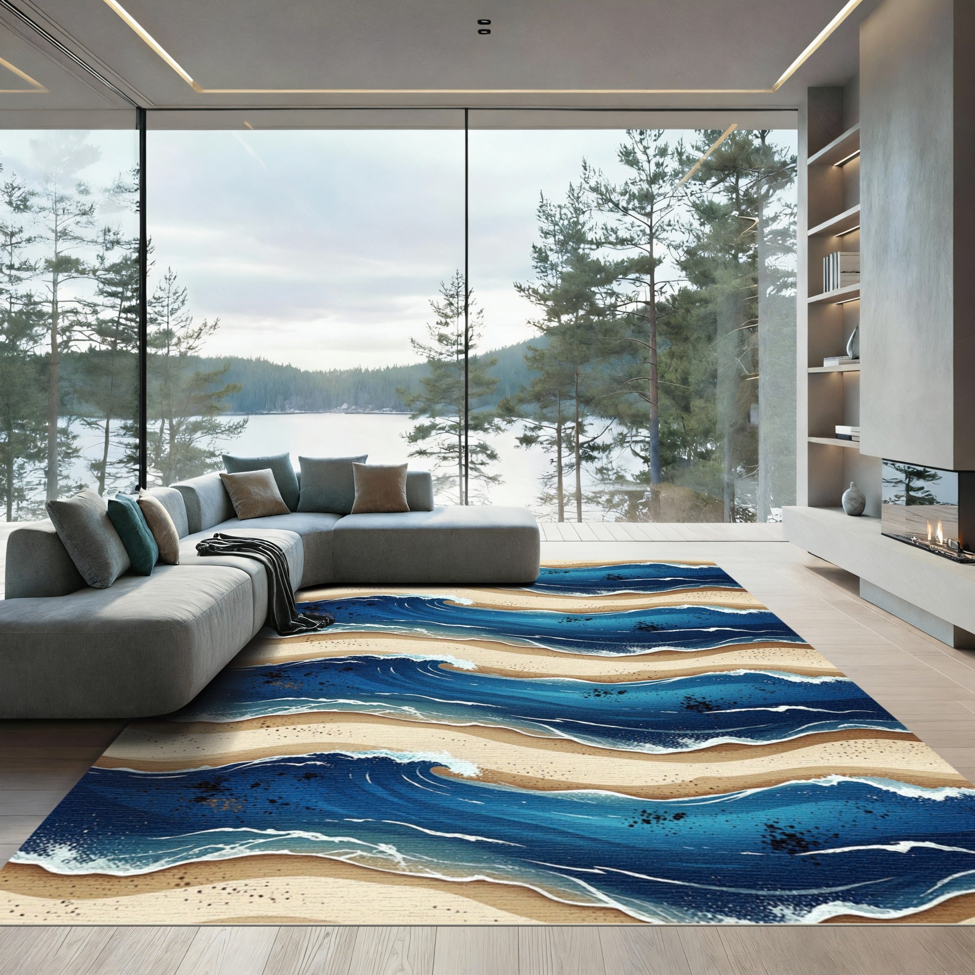 Abstract Navy Blue Ocean Wave Rug