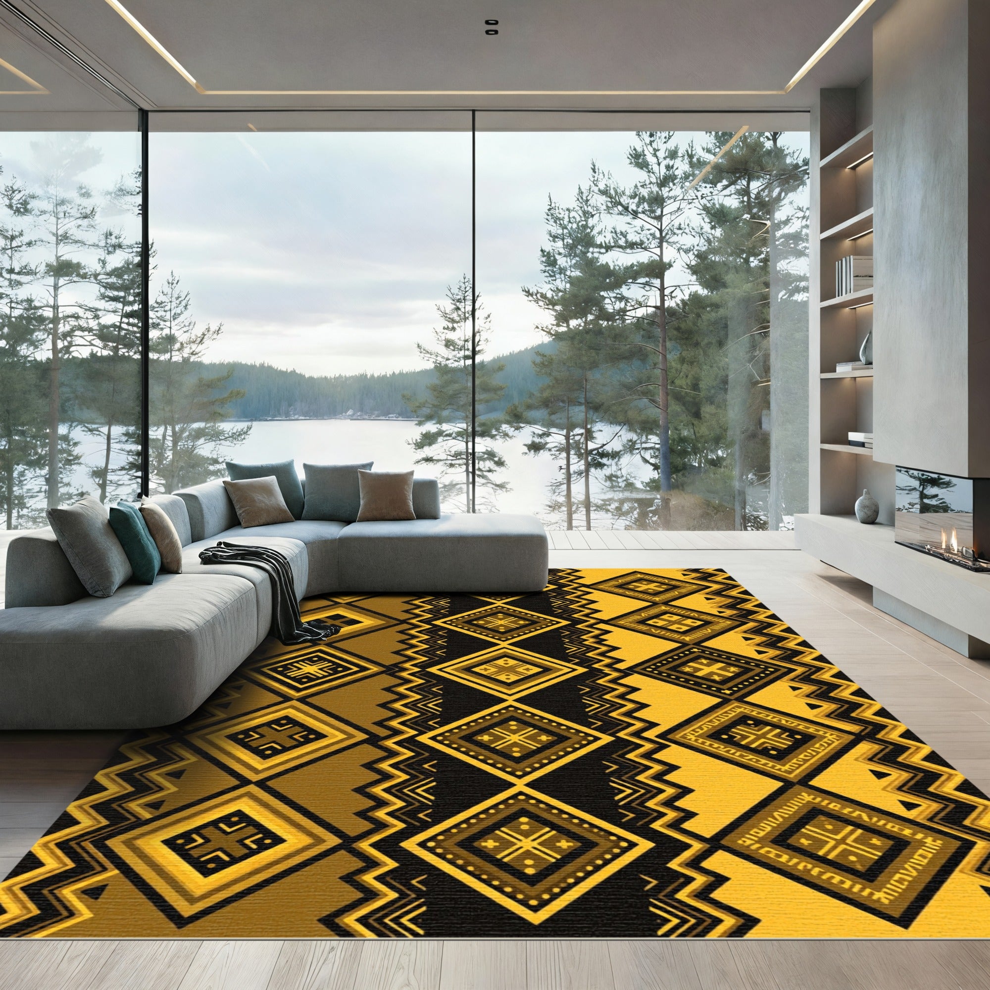Bold Golden Geometric Tribal Diamond Rug