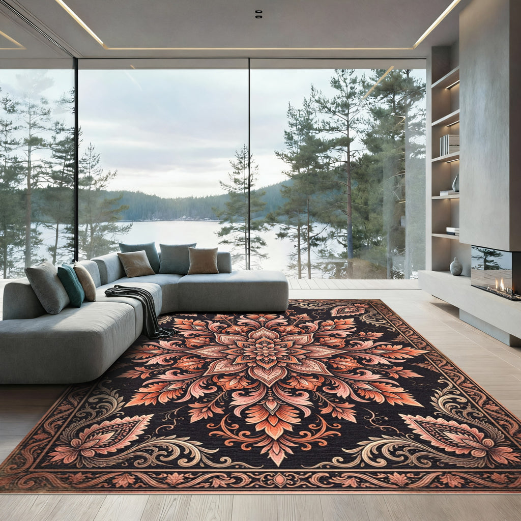 Ornate Terracotta Floral Medallion Interior Rug