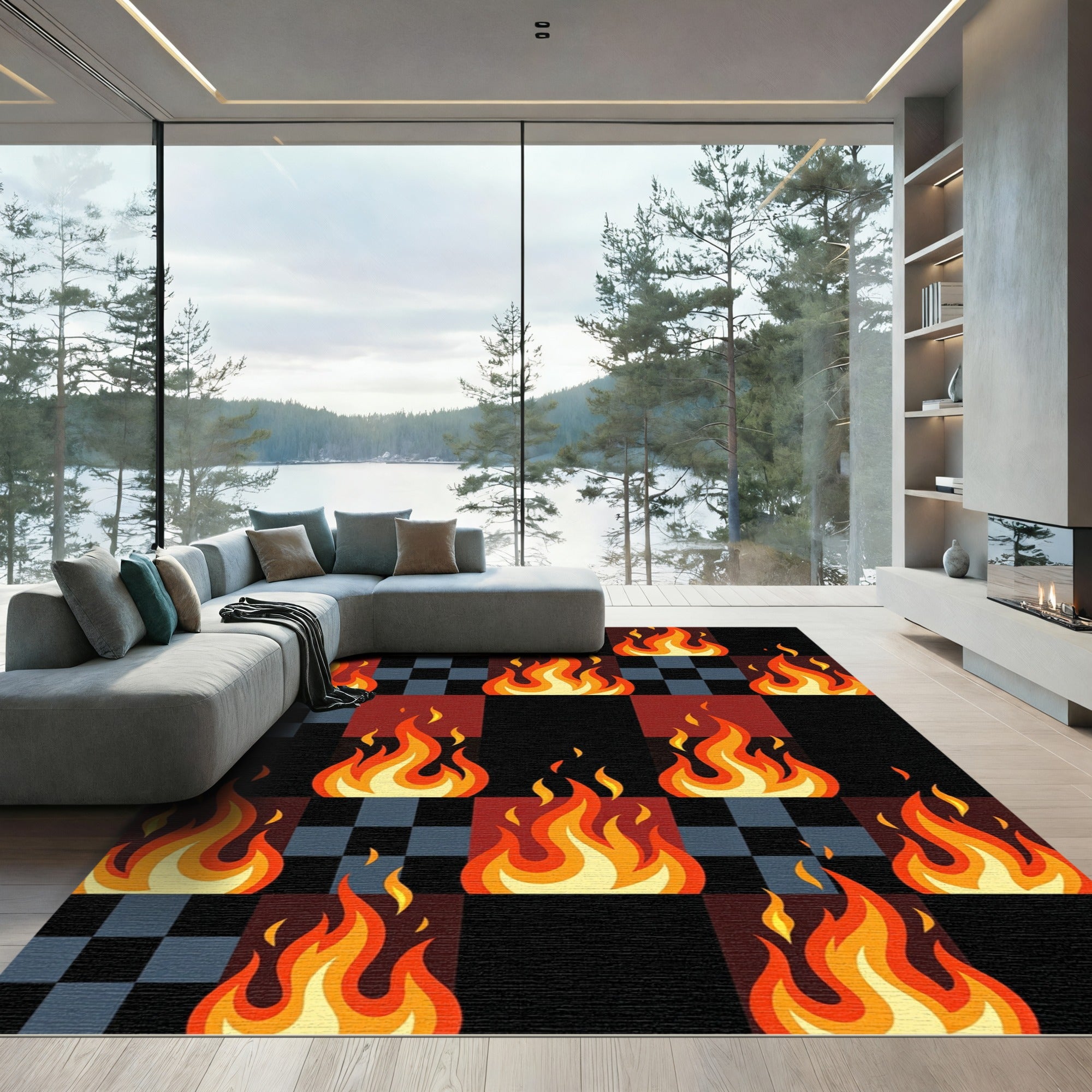 Fiery Crimson Checkerboard Flames Rug