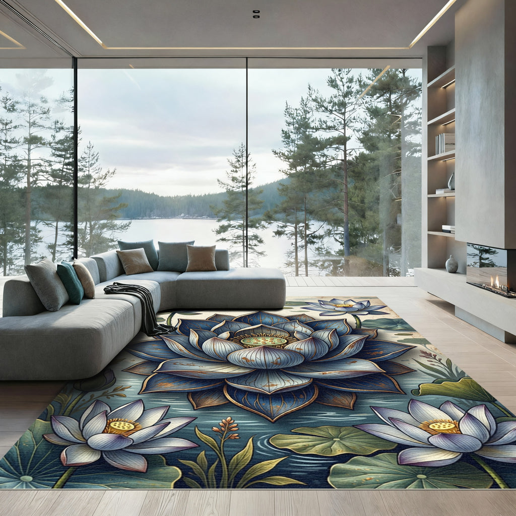 Elegant Blue Lotus Botanical Watercolor Rug