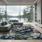 Elegant Blue Lotus Botanical Watercolor Rug