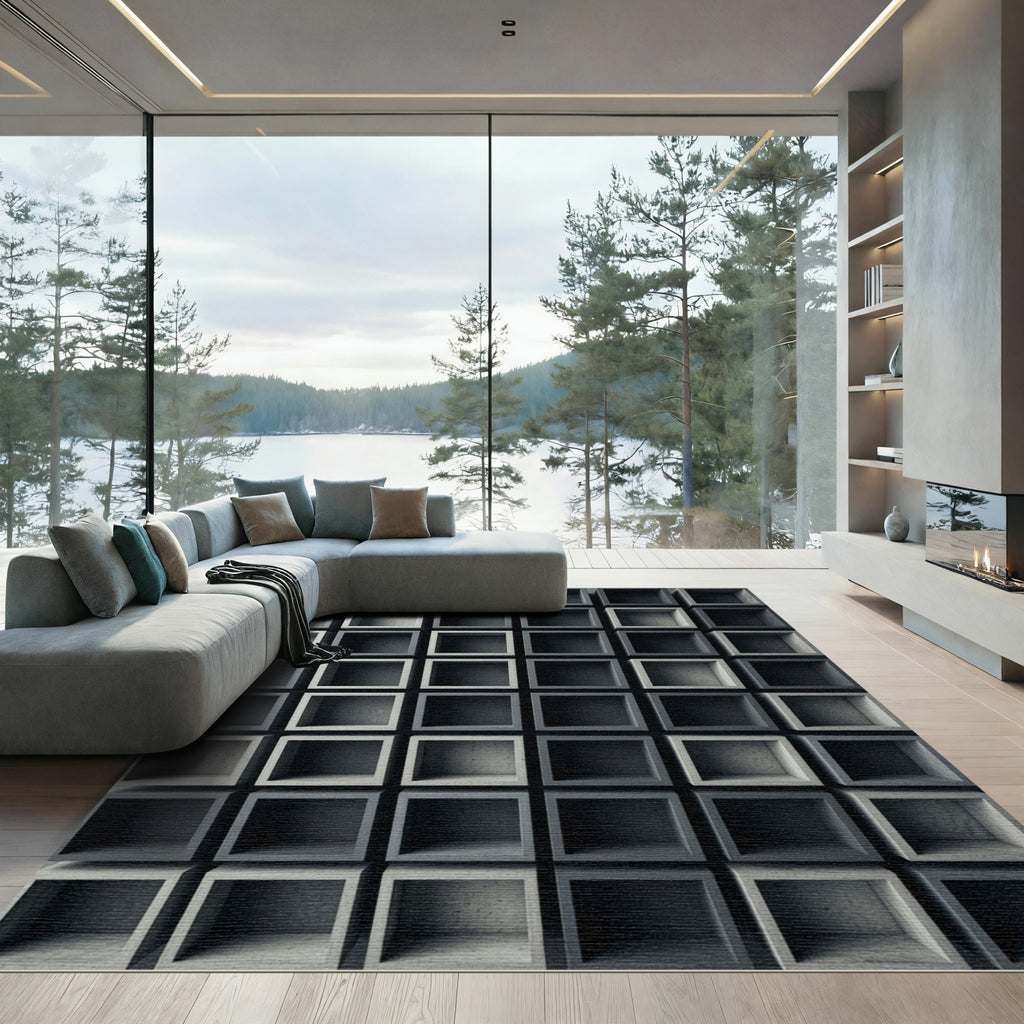 Minimalist Monochrome Architectural Cubic Grid Rug
