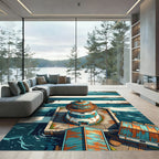 Coastal Lighthouse Nautical Blue Striped Illustration Rug