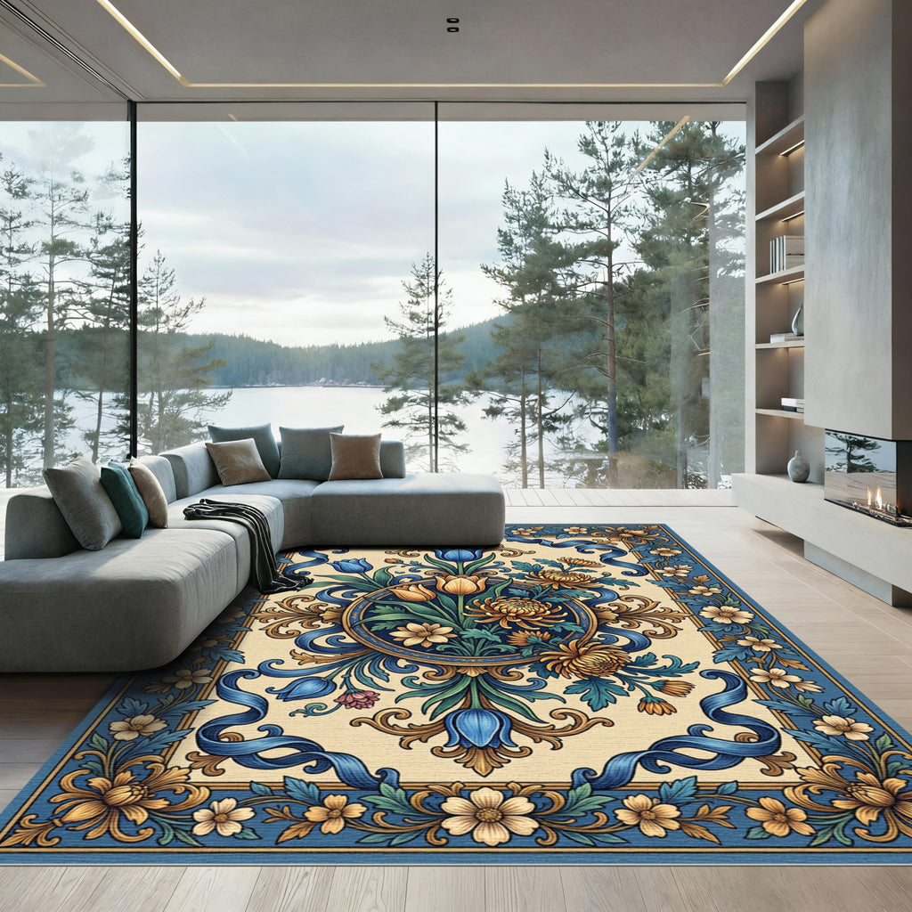 Ornate Blue Golden Floral Garland Rug