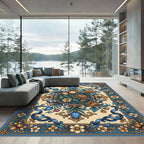 Ornate Blue Golden Floral Garland Rug
