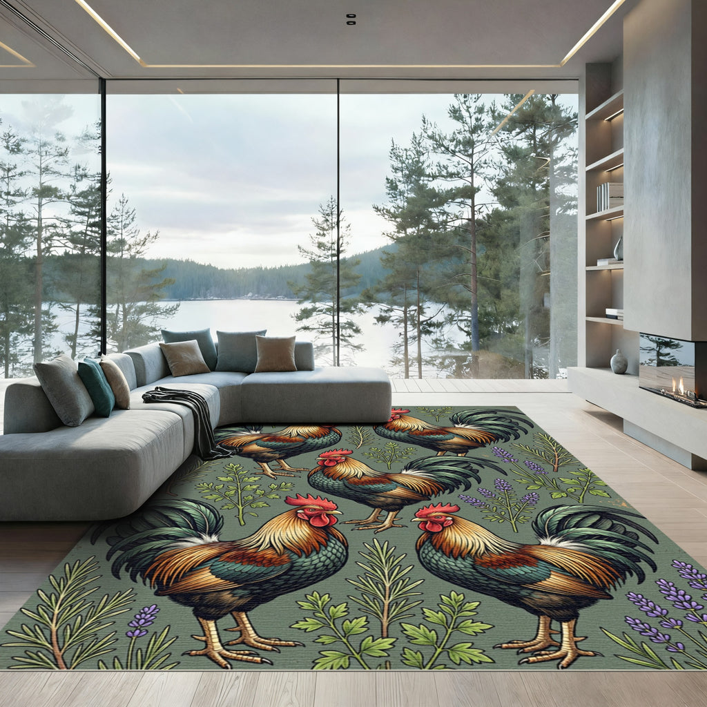 Rustic Sage Green Rooster Farmhouse Garden Rug