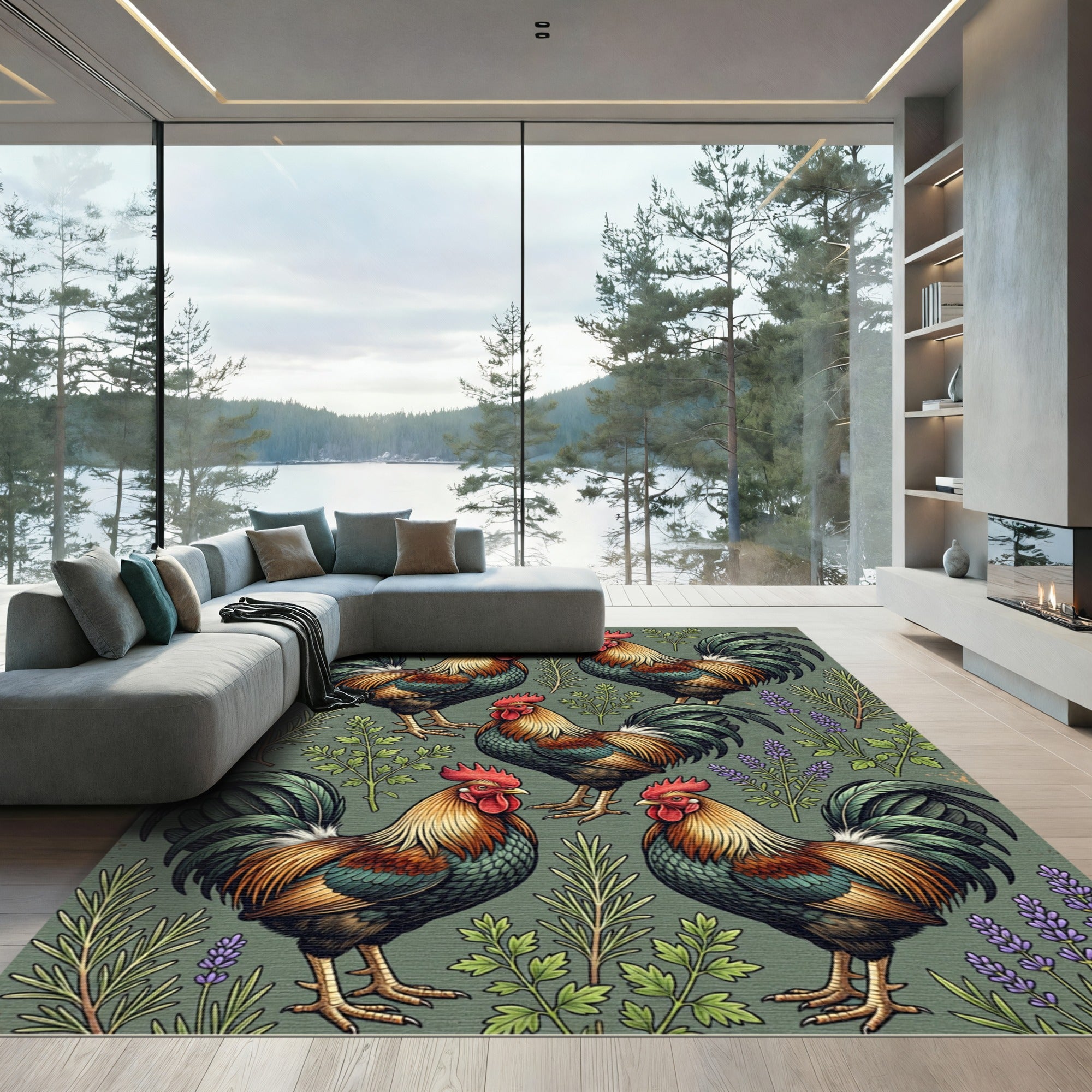 Rustic Sage Green Rooster Farmhouse Garden Rug