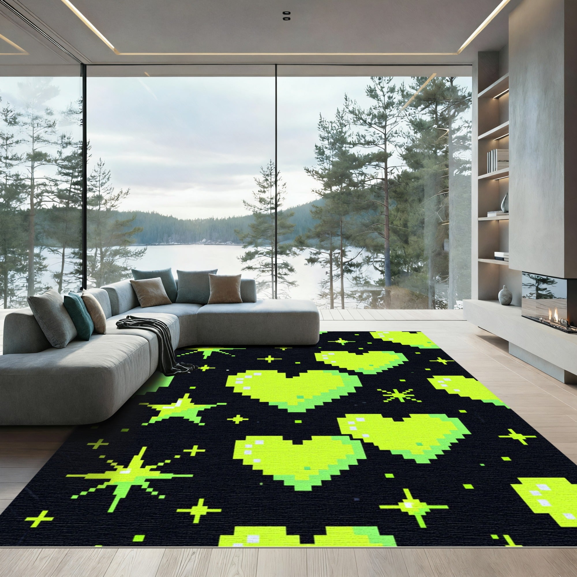 Neon Green Retro Pixel Heart Rug