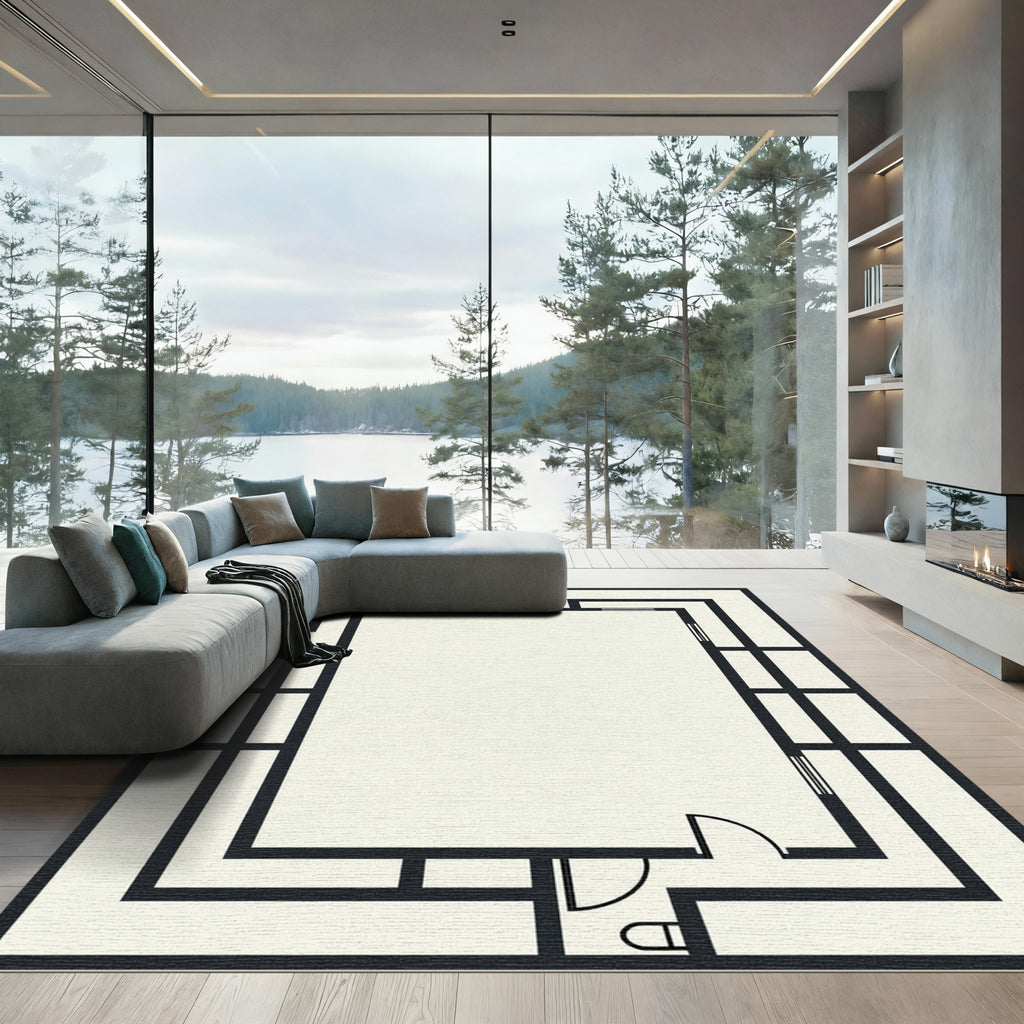 Bold Black Geometric Labyrinth Rug