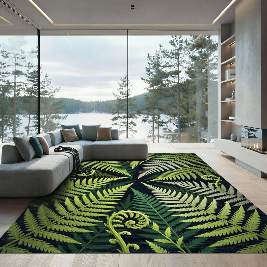 Lush Green Fern Frond Botanical Rug