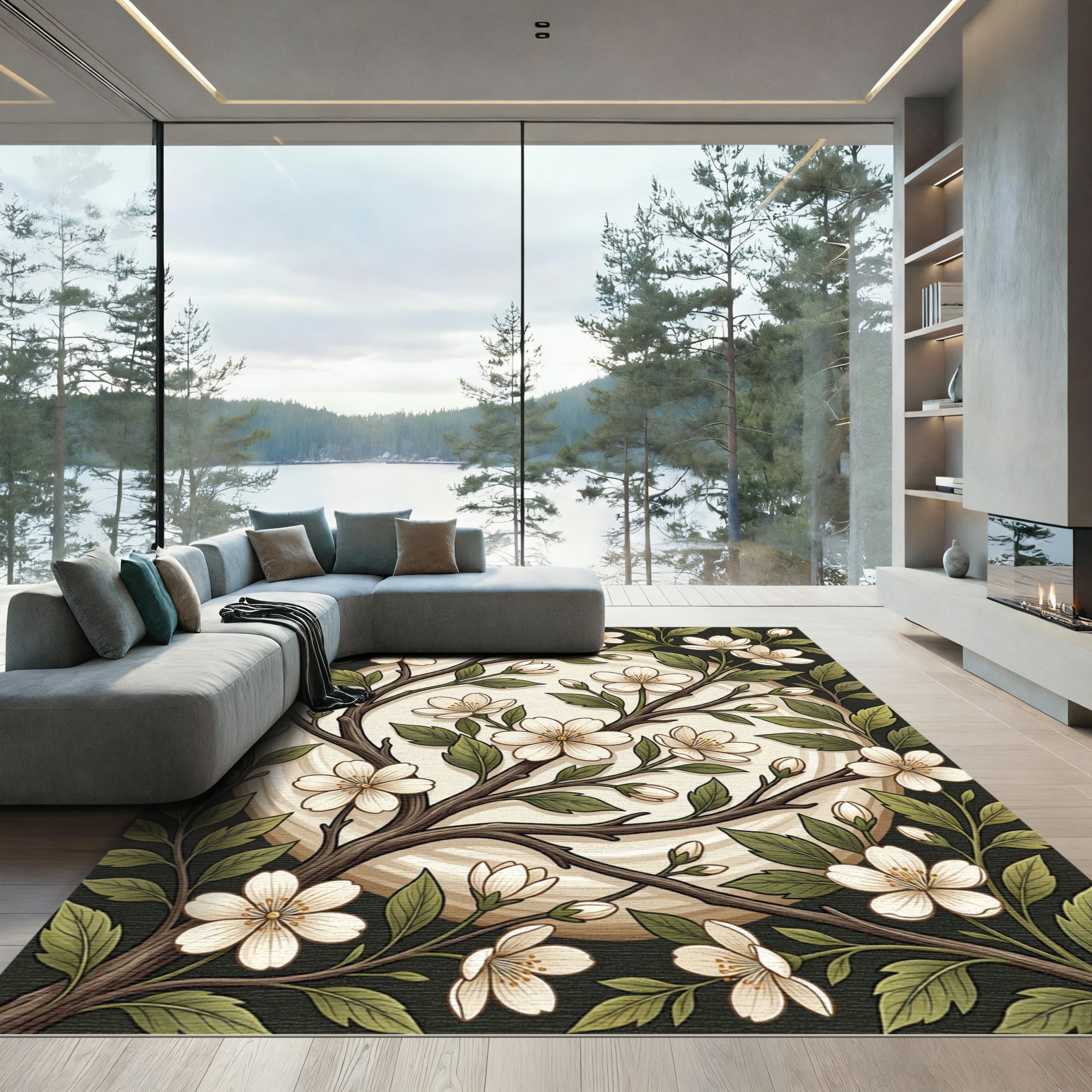 Botanical Cherry Blossom Branch Cream Illustration Rug