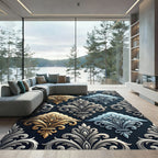 Elegant Gold Silver Ornate Damask Scroll Rug