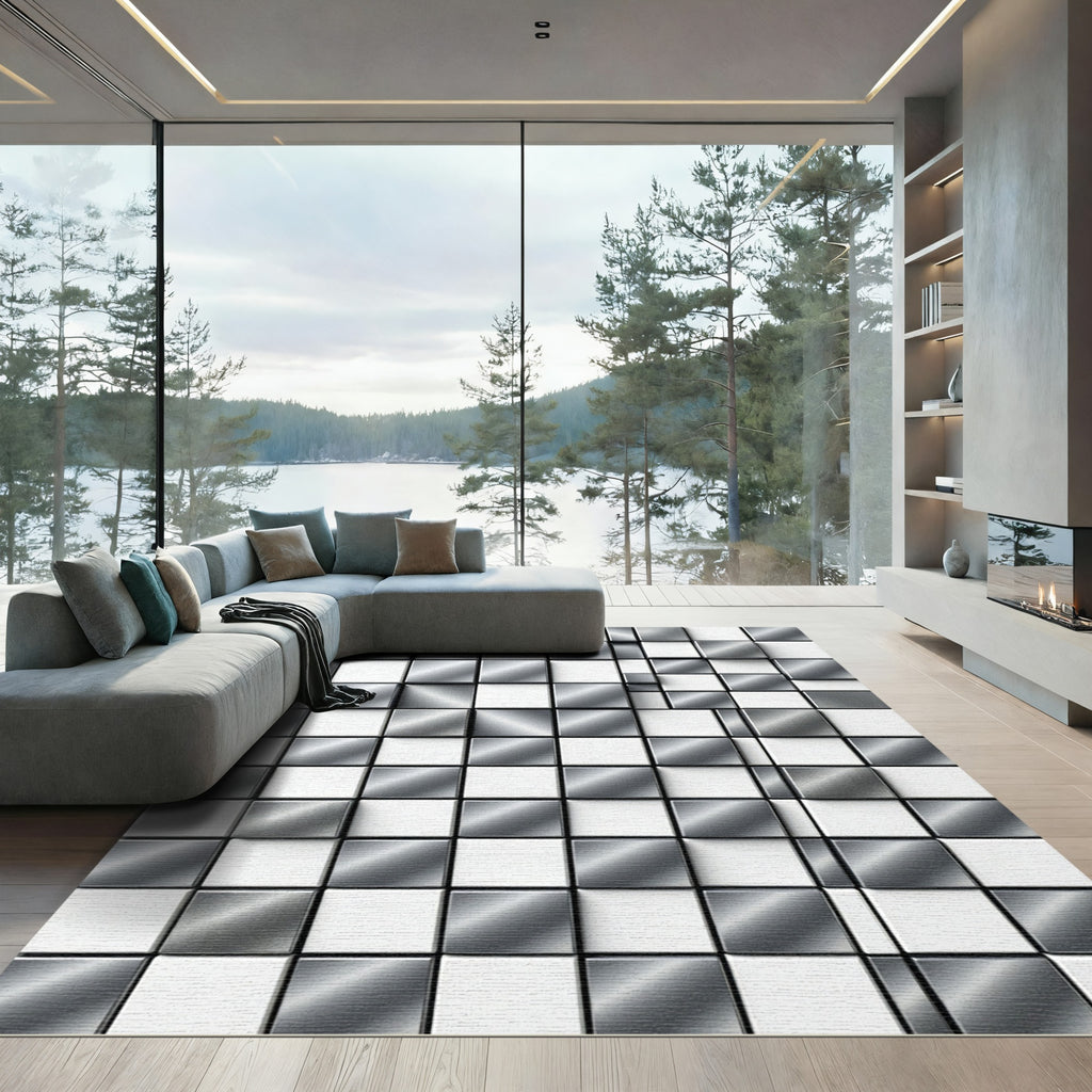 Silver Gray Metallic Cube Texture Rug
