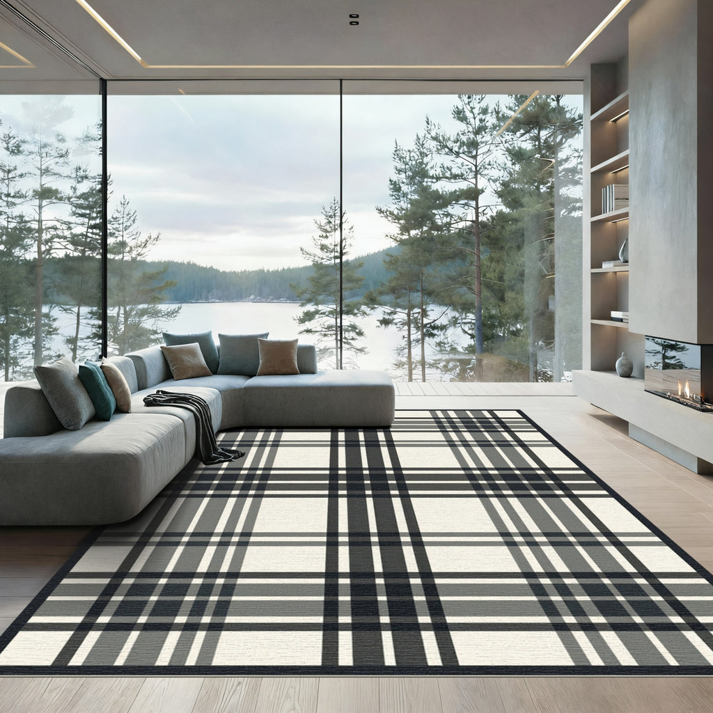 Classic Black Gray White Plaid Checkered Rug