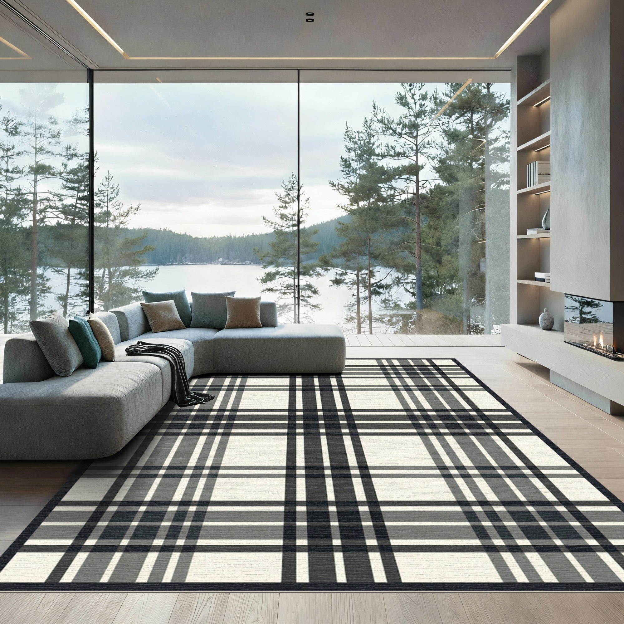 Classic Black Gray White Plaid Checkered Rug