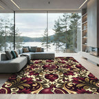 Rich Burgundy Pomegranate Floral Scroll Rug