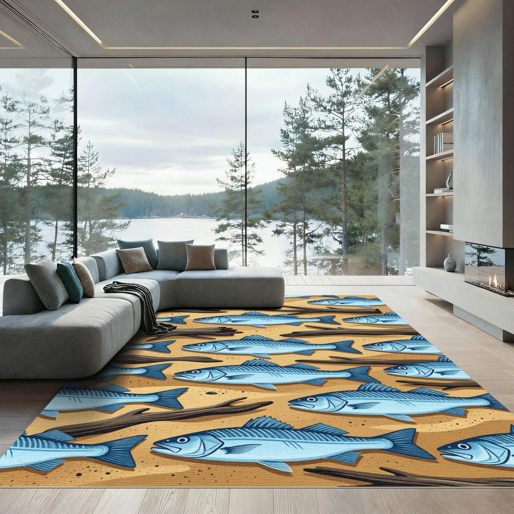 Blue Swimming Fish and Driftwood Sand Rug