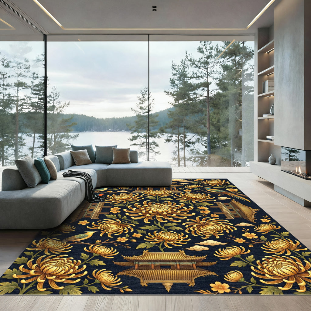 Golden Chrysanthemum Pagoda Bird Art Rug