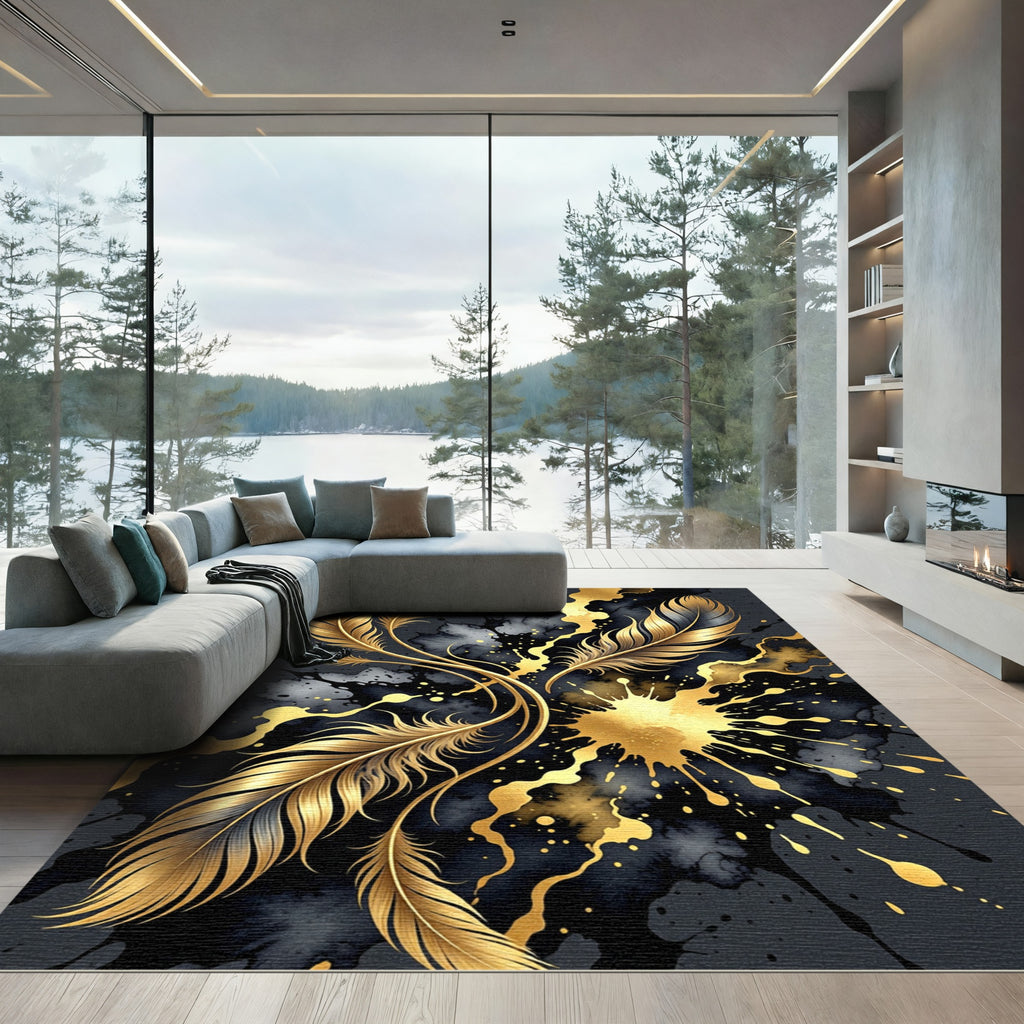 Golden Feather Abstract Ink Splatter Rug