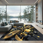 Golden Feather Abstract Ink Splatter Rug