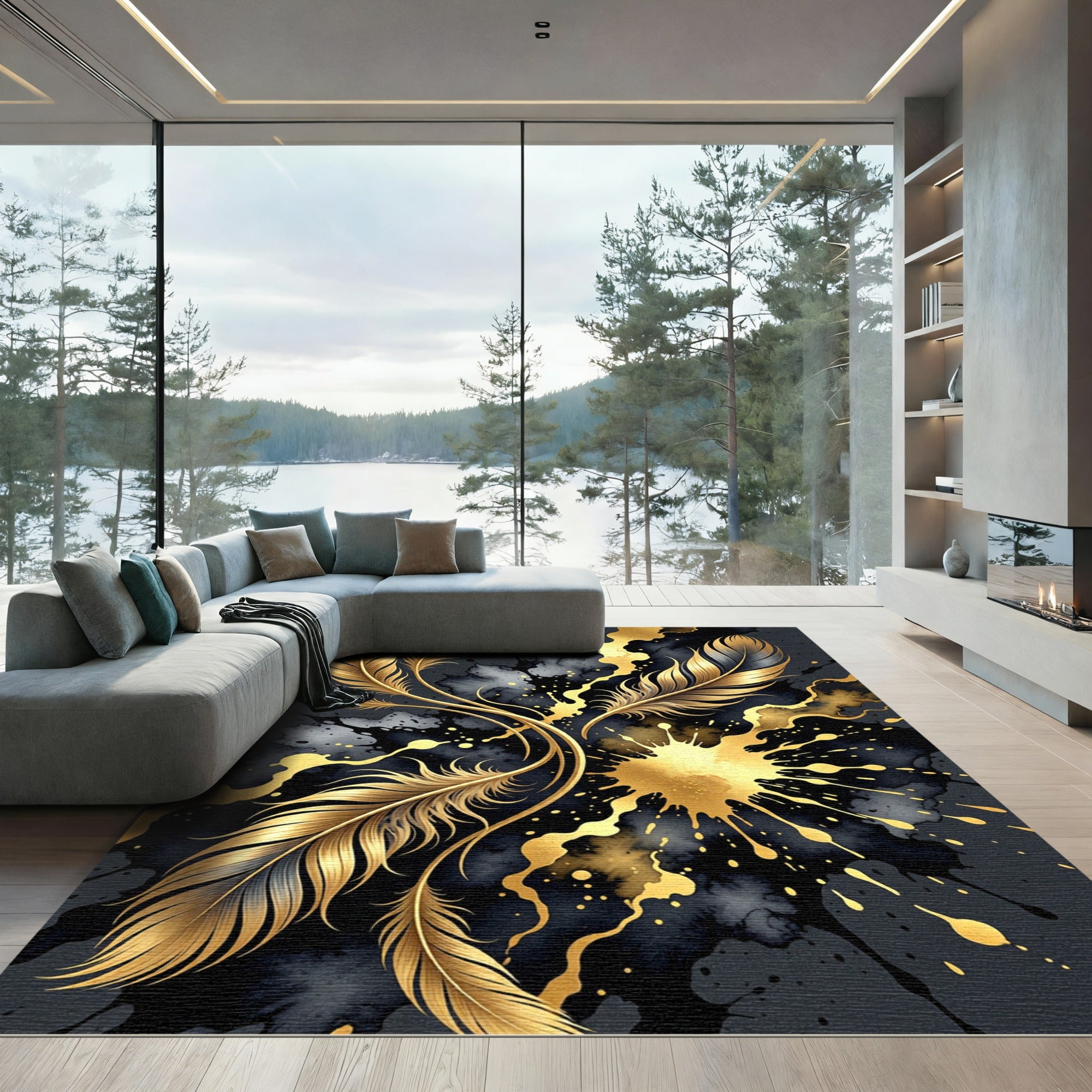 Golden Feather Abstract Ink Splatter Rug