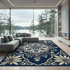 Navy Blue Cream Tulip Floral Medallion Rug