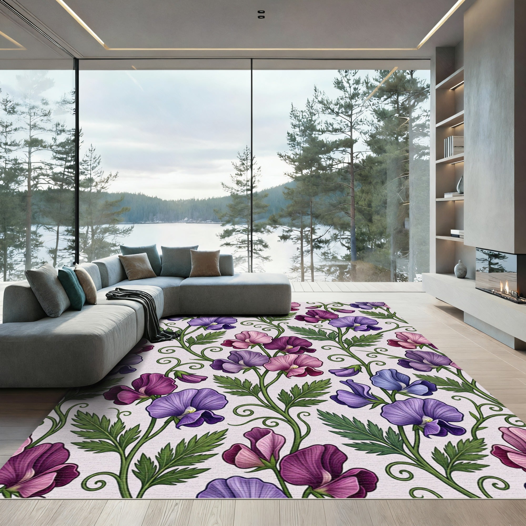 Purple Pink Blue Sweet Pea Vine Rug
