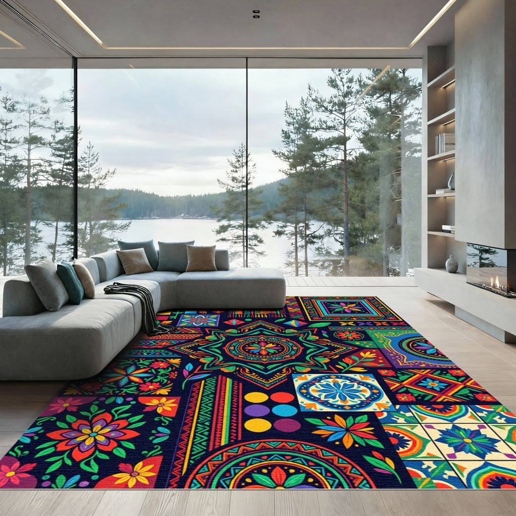 Vibrant Colorful Folk Art Medallion Rug
