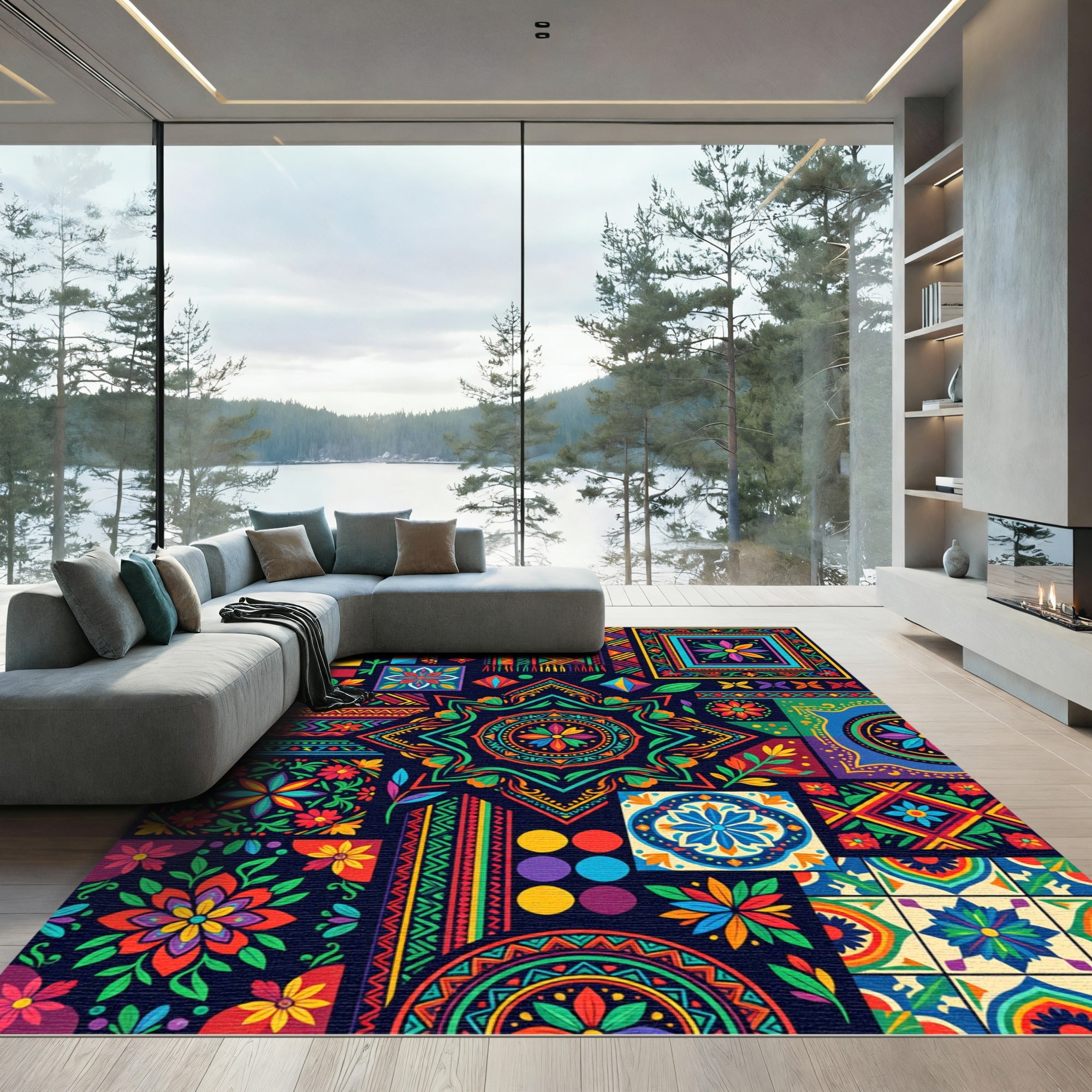 Vibrant Colorful Folk Art Medallion Rug