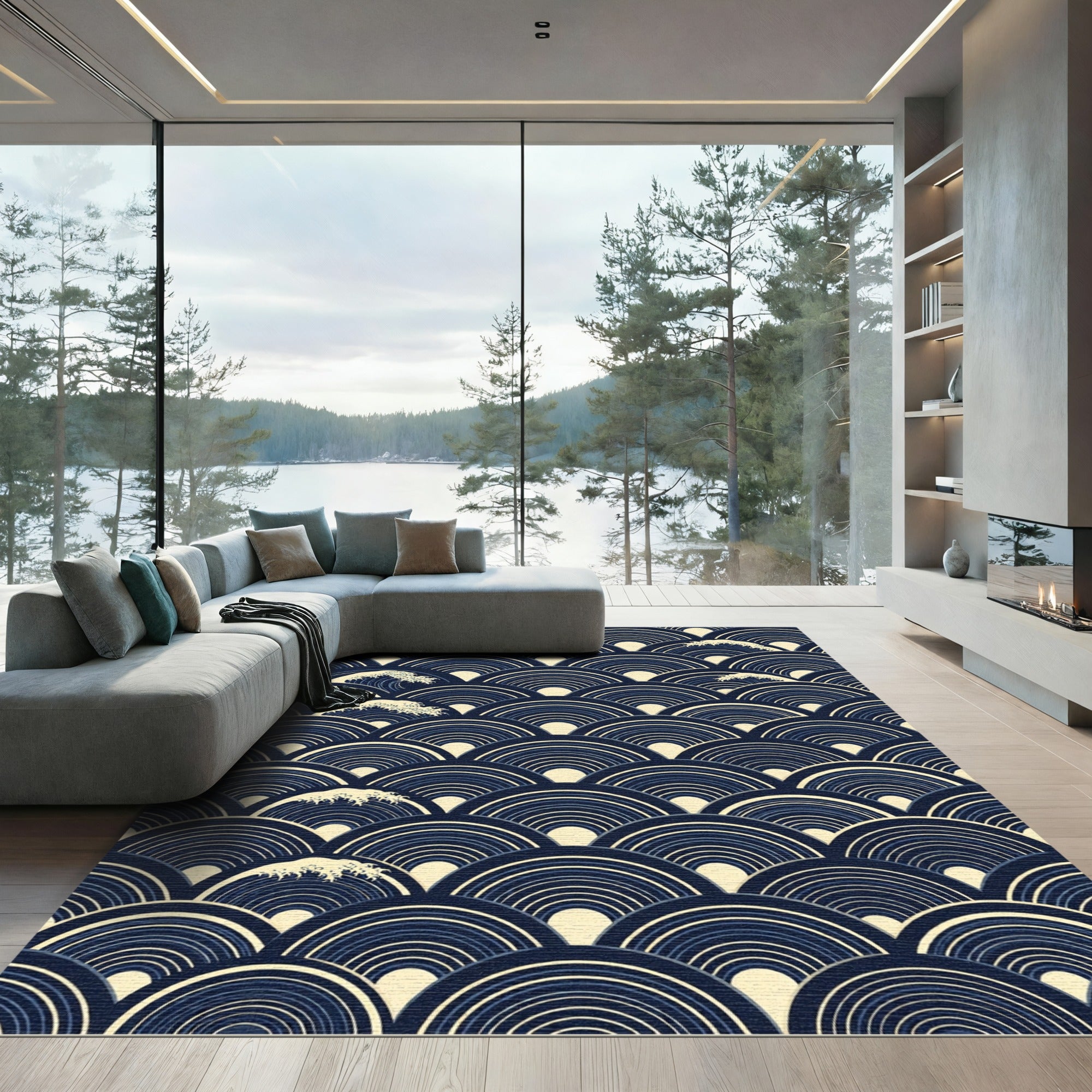 Navy Blue Japanese Wave Ripple Art Rug